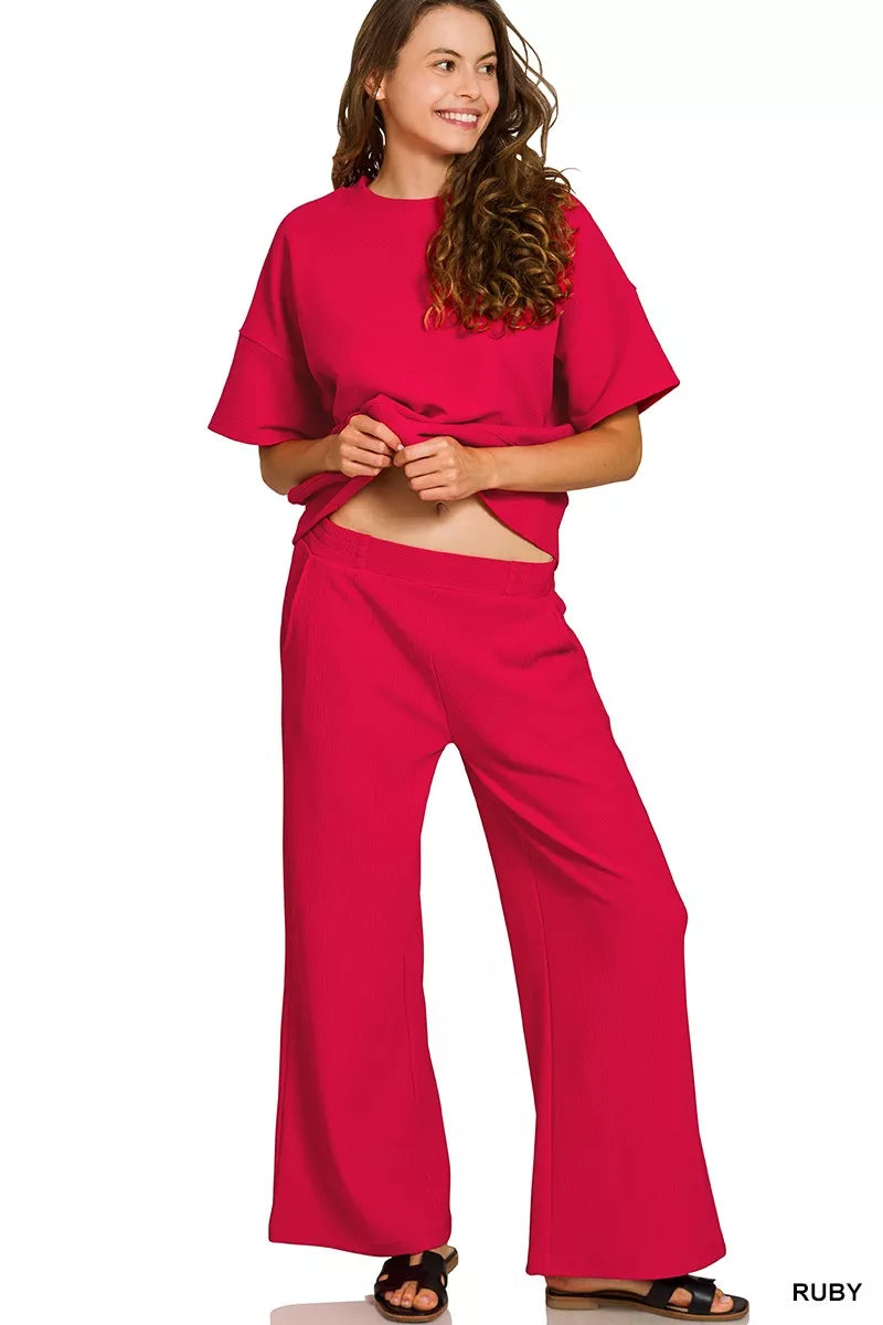 Zenana Ruby Ribbed Round Neck Tee & Pants Set