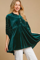 Umgee Pearl Detail Half Sleeve Velvet Babydoll Blouse in Hunter Green Hunter Green Shirts & Tops