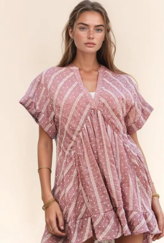 Davi & Dani Embroidery V Neck Short Sleeve Ruffled French Mauve Mini Dress