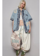 POL Double Gauze Button Down Floral Trim Ruffle Washed Balloon Sleeve Shacket