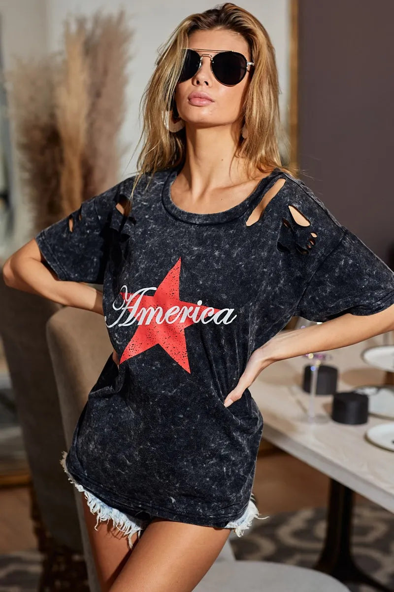 BiBi Laser Cut Mineral Washed Jersey Top with America in Black Charcoal