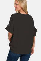 Zenana Black V-Neck Flutter Sleeve Airflow Top Trendsi