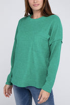 Zenana 4 Colors- Ribbed Brushed Melange Hacci Sweater with a Pocket K GREEN Shirts & Tops