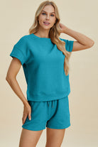 Double Take Textured Short Sleeve Top and Shorts Set Cerulean Trendsi