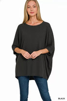 Zenana Black Raised Rib Bat Sleeve Top