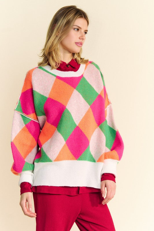 Davi & Dani Pink & Orange Exposed Seam Color Block Dropped Shoulder Sweater Pink Orange Trendsi