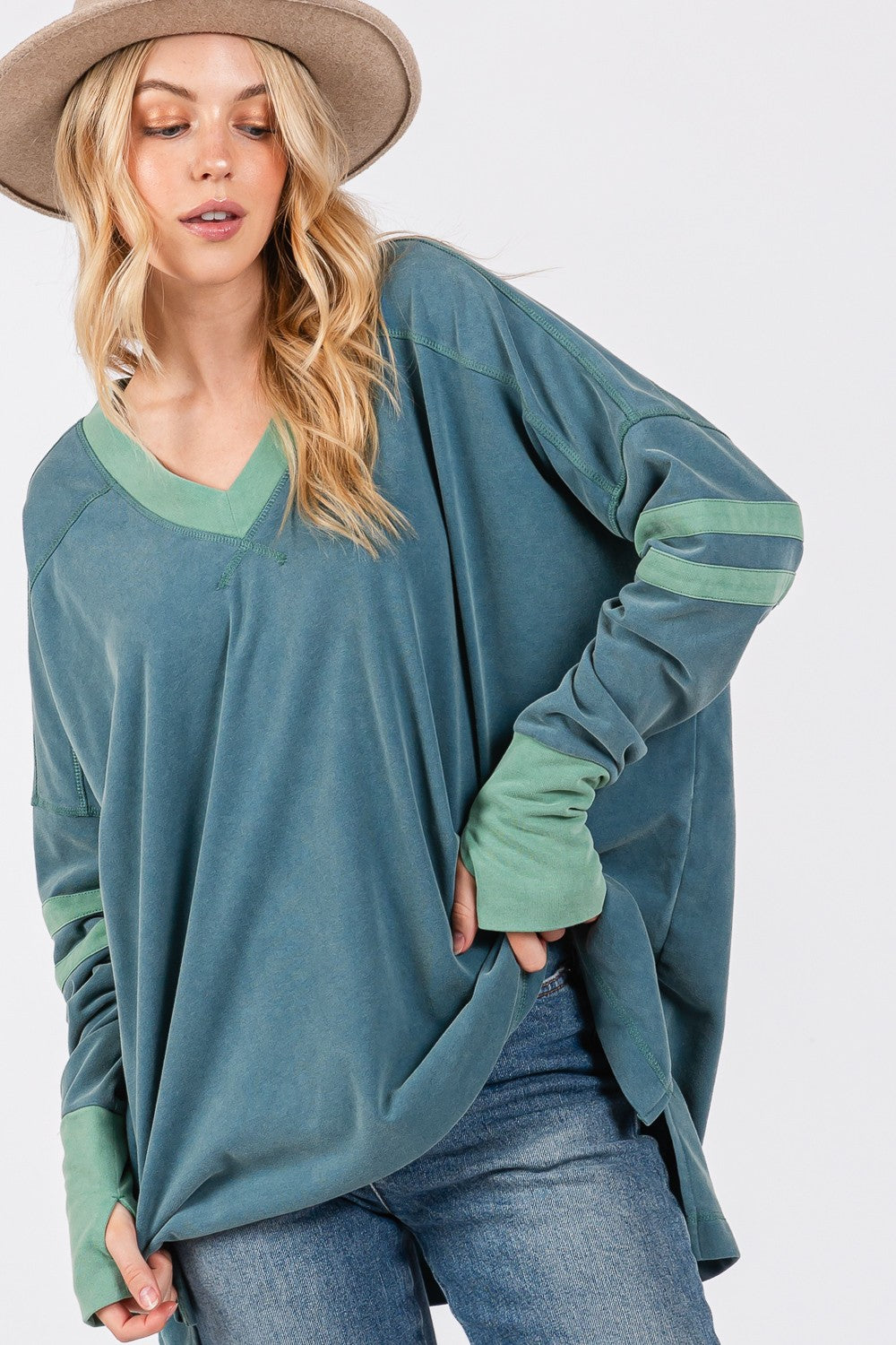 SAGE + FIG Teal Mineral Washed Side Slit Contrast Top Trendsi