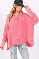 SAGE + FIG Cardiff Pink Oversized Frayed Hem Side Slit Button Down Shirt Pink