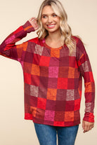 Haptics Burgundy Long Sleeve Checker Plaid Soft Hacci Knit Top