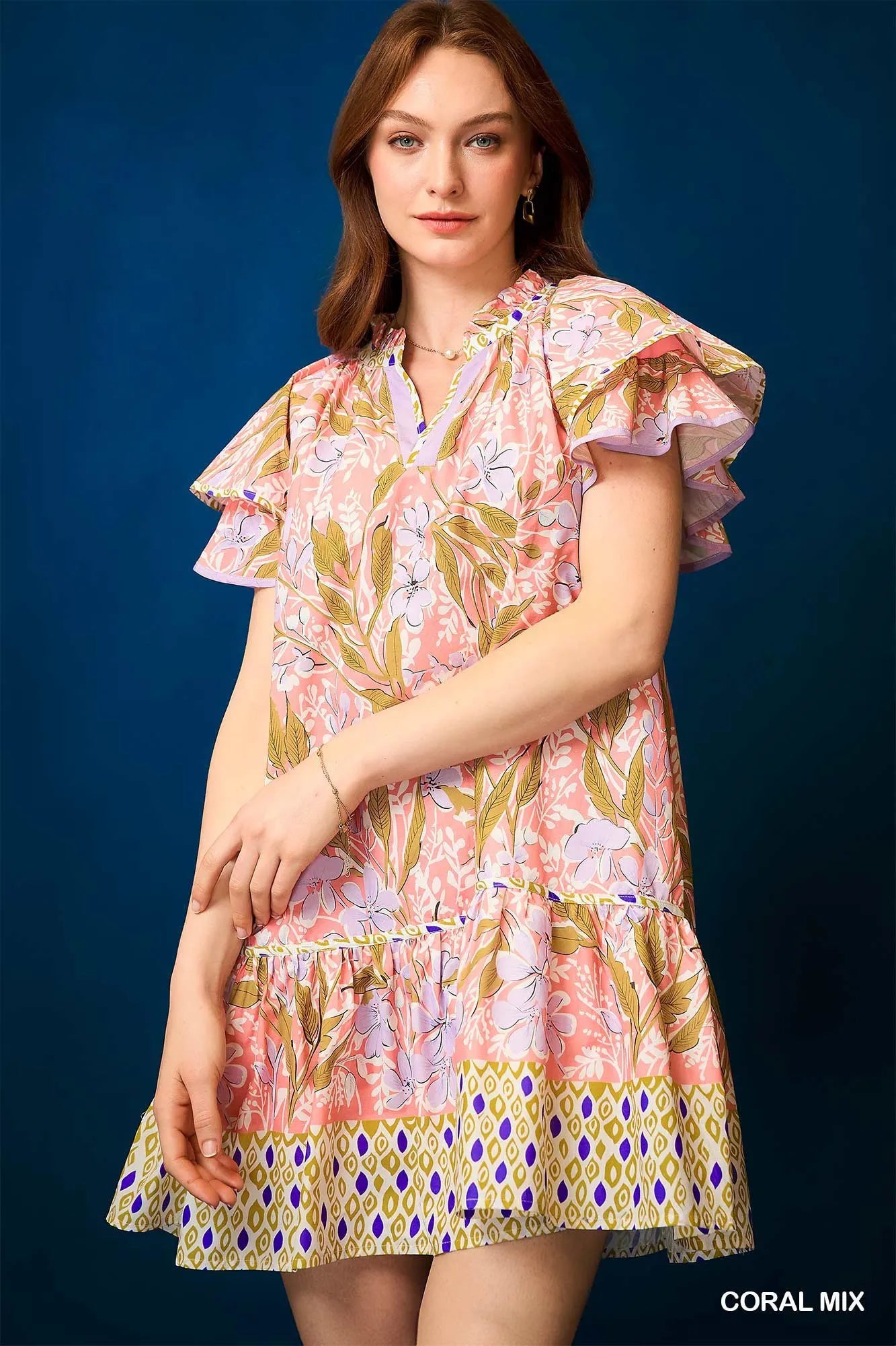 Umgee Coral Mix Floral Ruffle-Sleeve Tunic Dress CORAL MIX