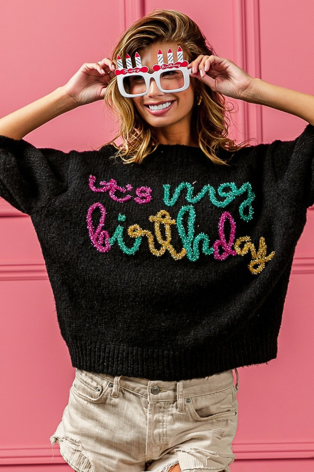 BiBi It’s My Birthday Metallic Letter Puff Sleeve Sweater in Black Trendsi