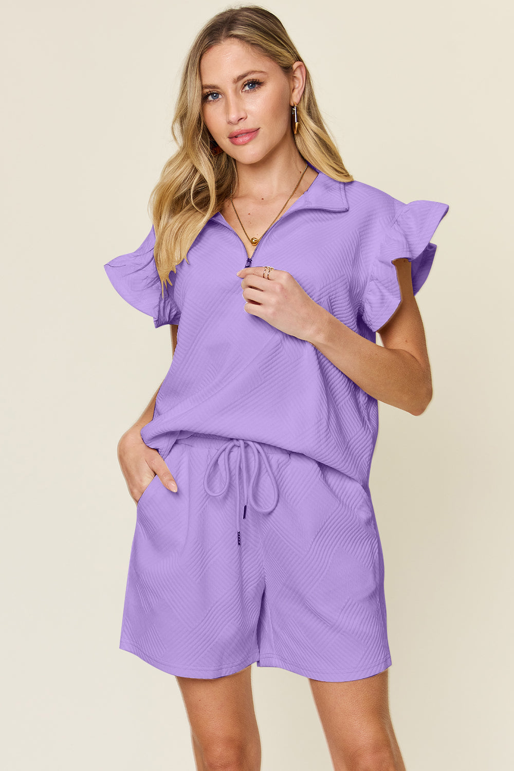 Double Take Quilted Textured Flounce Sleeve Top and Drawstring Shorts Set Lavender Loungewear