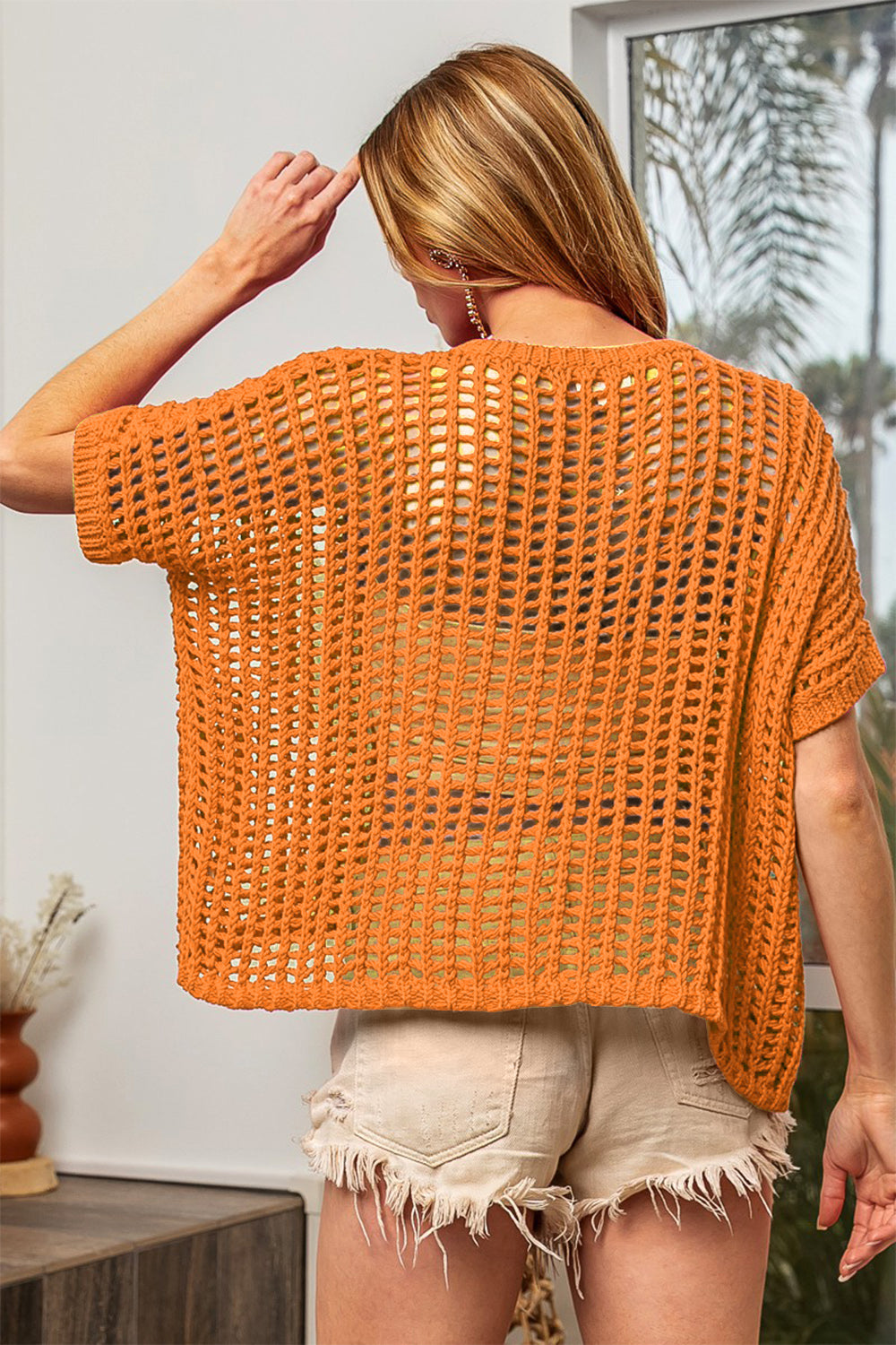 BiBi Orange Hollowed Out Short Sleeve Knit Cover Up Trendsi