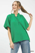Umgee Green Puff Sleeve Ruffle Neck Tunic Blouse GREEN