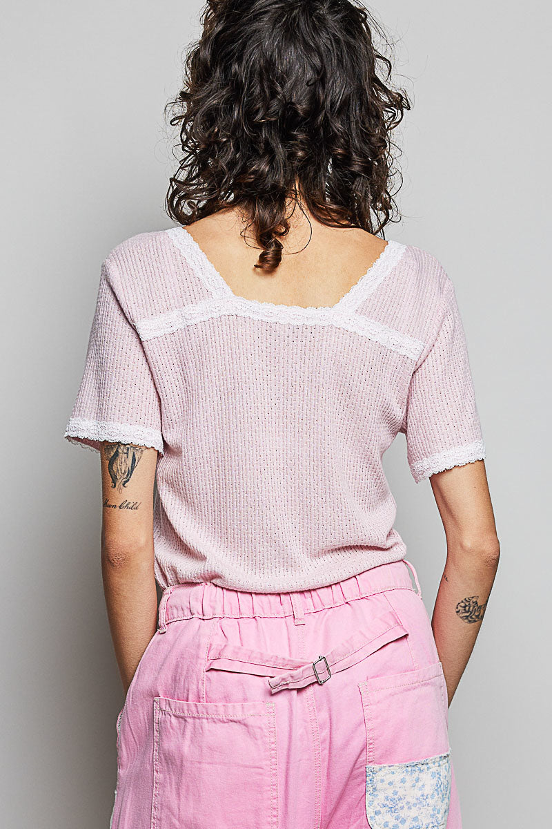 POL Baby Pink Lace Detail V-Neck Short Sleeve Textured T-Shirt