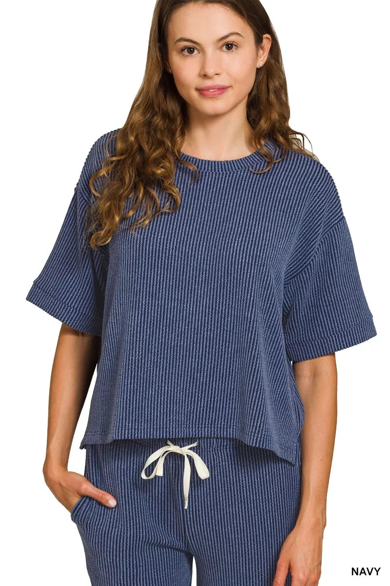 Zenana Raised Rib Short Sleeve Tee & Pants Set
