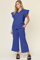 Double Take Quilted Textured Ruffle Short Sleeve Top and Drawstring Wide Leg Pants Set Royal Blue Trendsi