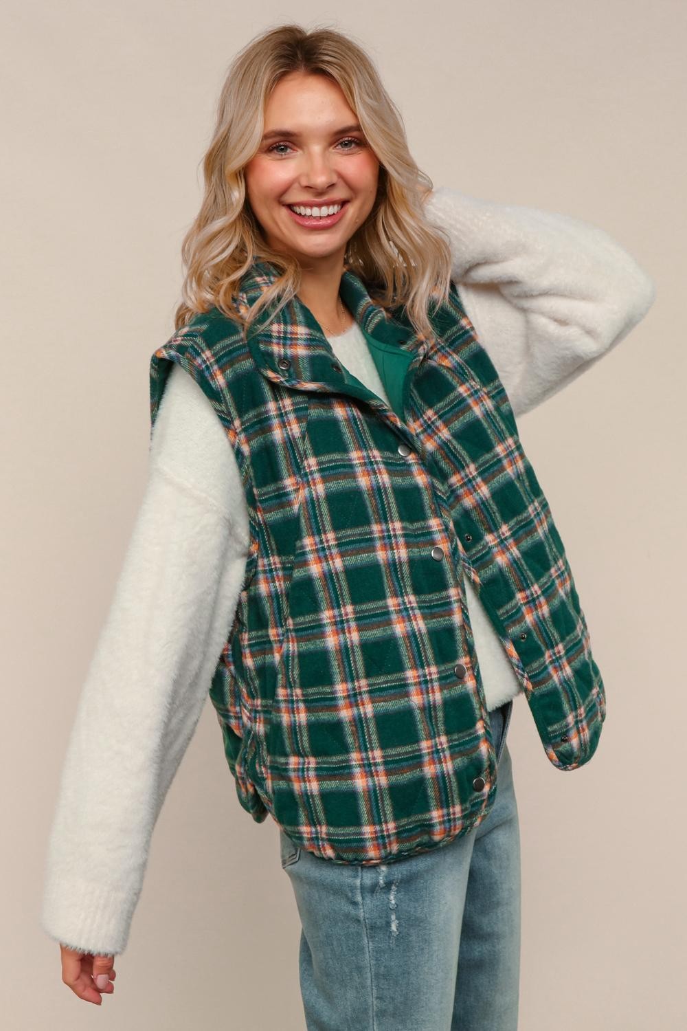 Haptics Green Snap Button Down Plaid Quilted Puffer Vest