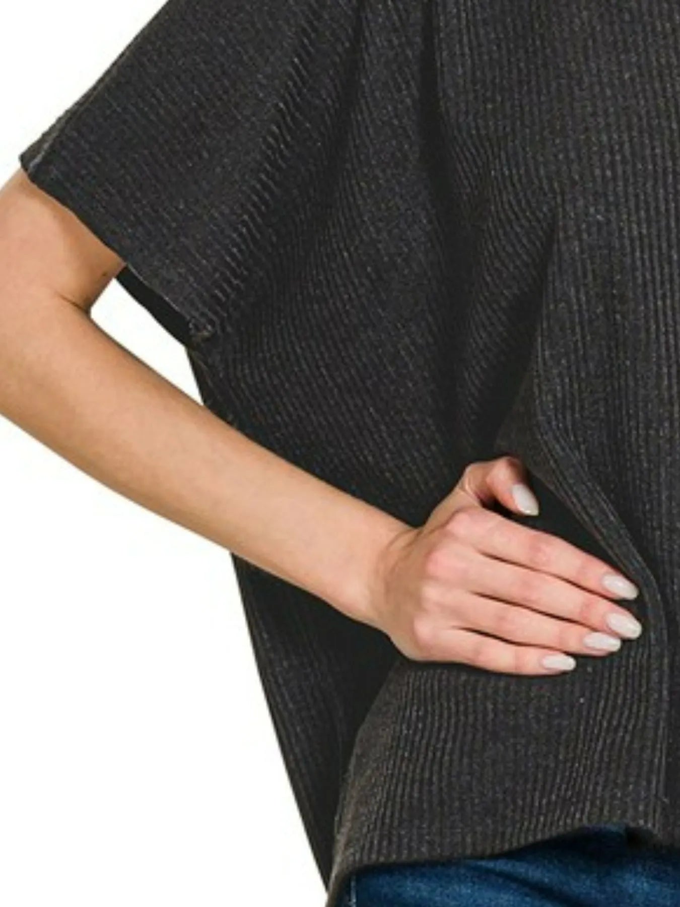 Zenana Black Ribbed Round-Neck Short-Sleeve Knit Sweater
