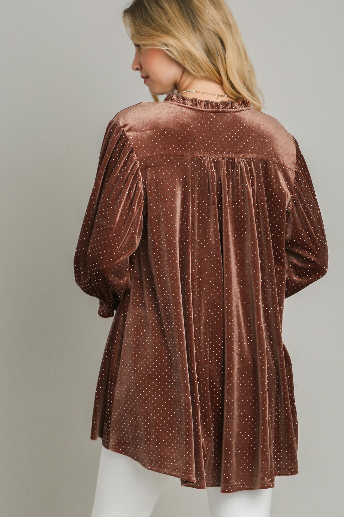 Umgee Beaded Frill Flounce Sleeve Velvet Babydoll Blouse in Brown Shirts & Tops