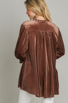 Umgee Beaded Frill Flounce Sleeve Velvet Babydoll Blouse in Brown Shirts & Tops