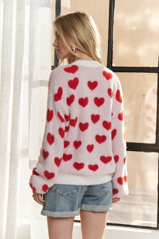 ADORA Ivory & Red Fuzzy Heart Button Down Cardigan