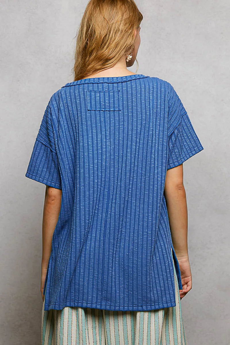 POL Cobalt Blue Ribbed Knit V-Neck Short Sleeve T-Shirt with Side Slit