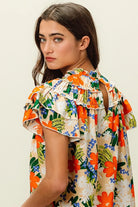 BiBi Cream & Multi Color Floral Print Woven Ruffle Sleeve Blouse