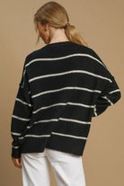 Umgee Black & Cream Wool Blend Striped Round Neck Sweater Shirts & Tops