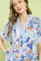 Umgee Blue Mix Boho Printed V-Neck Blouse