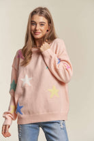 ADORA Stars Pattern Round Neck Drop Shoulder Sweater in Blush Blush