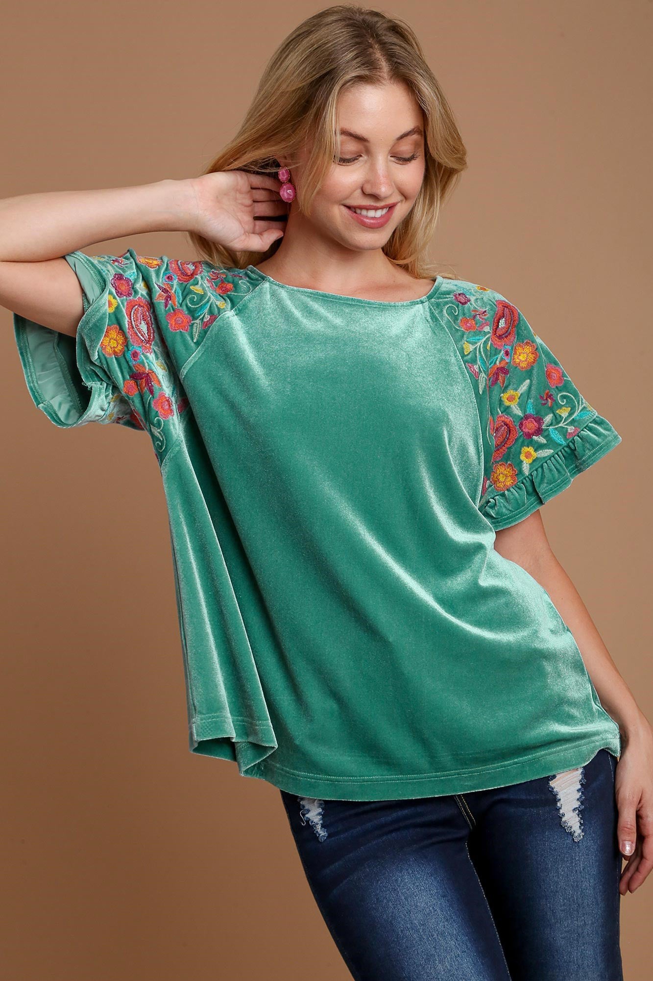 Umgee Turquoise Velvet Embroidery Short Sleeve Blouse Turquoise Shirts & Tops