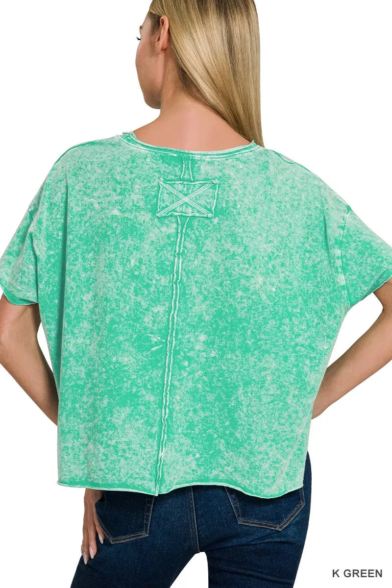 Zenana Kelly Green Halo Washed Cotton Short Sleeve Top