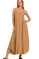 Zenana Deep Camel Woven Arc Hem Cami Dress With Flowy Pockets DEEP CAMEL