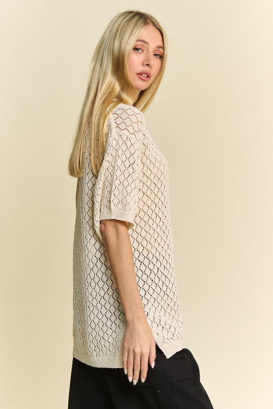 Davi & Dani Cream Beige Side Slit Openwork Round Neck Half Sleeve Knit Cover Up Shirts & Tops