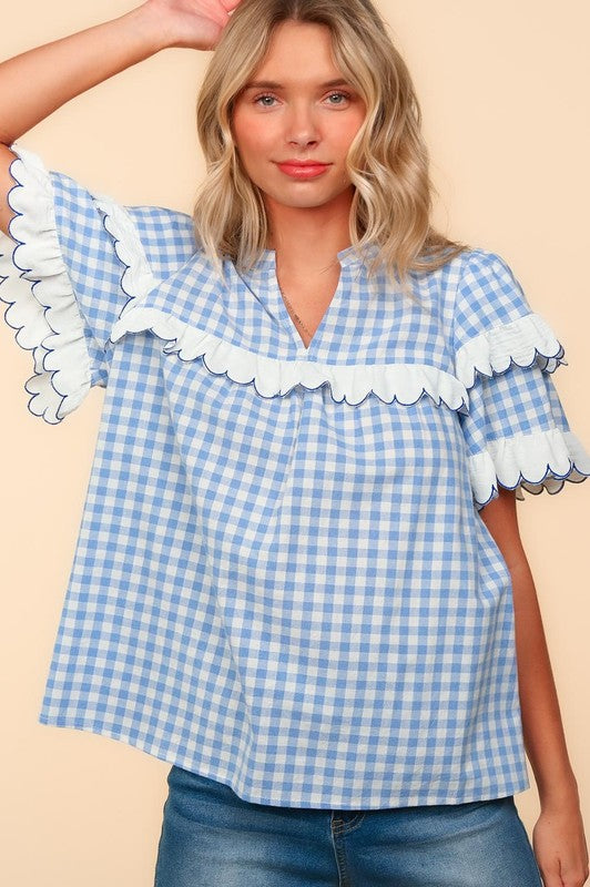 Haptics Sky Blue Plaid Scallop Hem Notched Short Sleeve Blouse Shirts & Tops