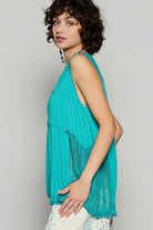 POL Turquoise Lace Detail Studded Crisscross Back V-Neck Sleeveless Top