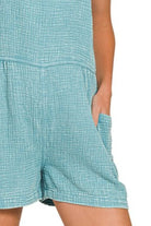 Zenana Dusty Teal Washed Double Gauze Tie Back Romper