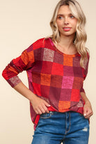 Haptics Burgundy Long Sleeve Checker Plaid Soft Hacci Knit Top