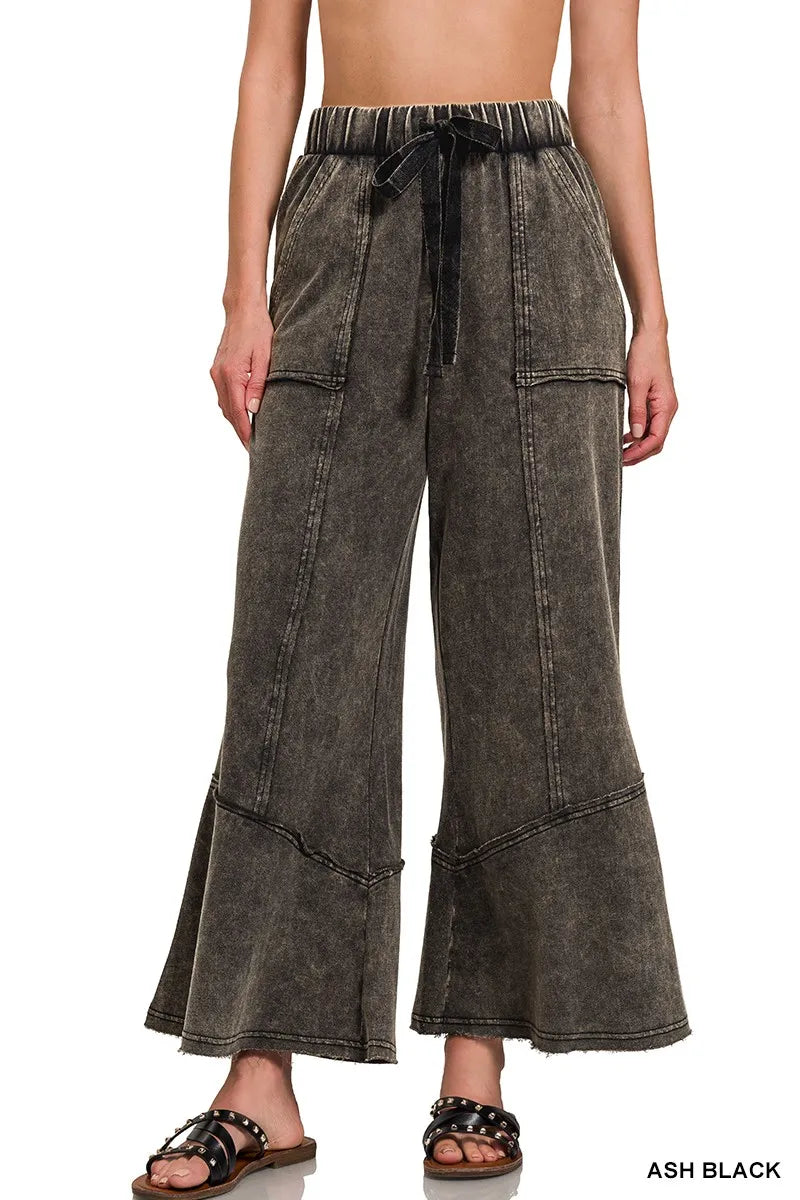 Zenana Ash Black Exposed-seam Flare Hem Pants With Pockets ASH BLACK