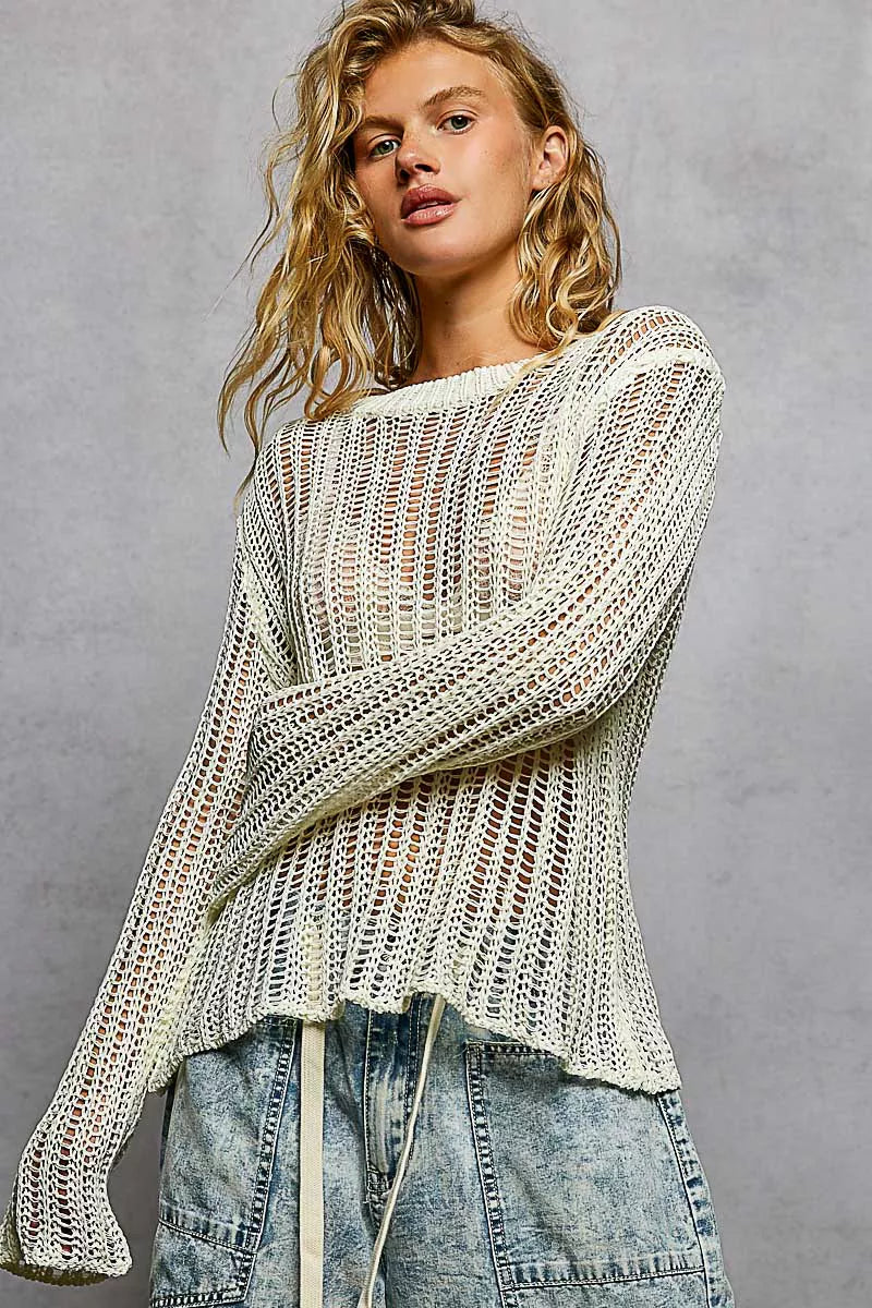 POL Off White Openwork Round Neck Knit Cover Up