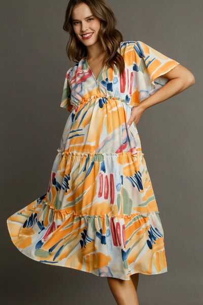 Umgee Abstract Print Flutter Sleeve Frill Tiered Midi Dress TANGERINEMIX