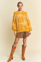 Davi & Dani Gold Flower Textured Round Neck Dropped Shoulder Sweater Shirts & Tops