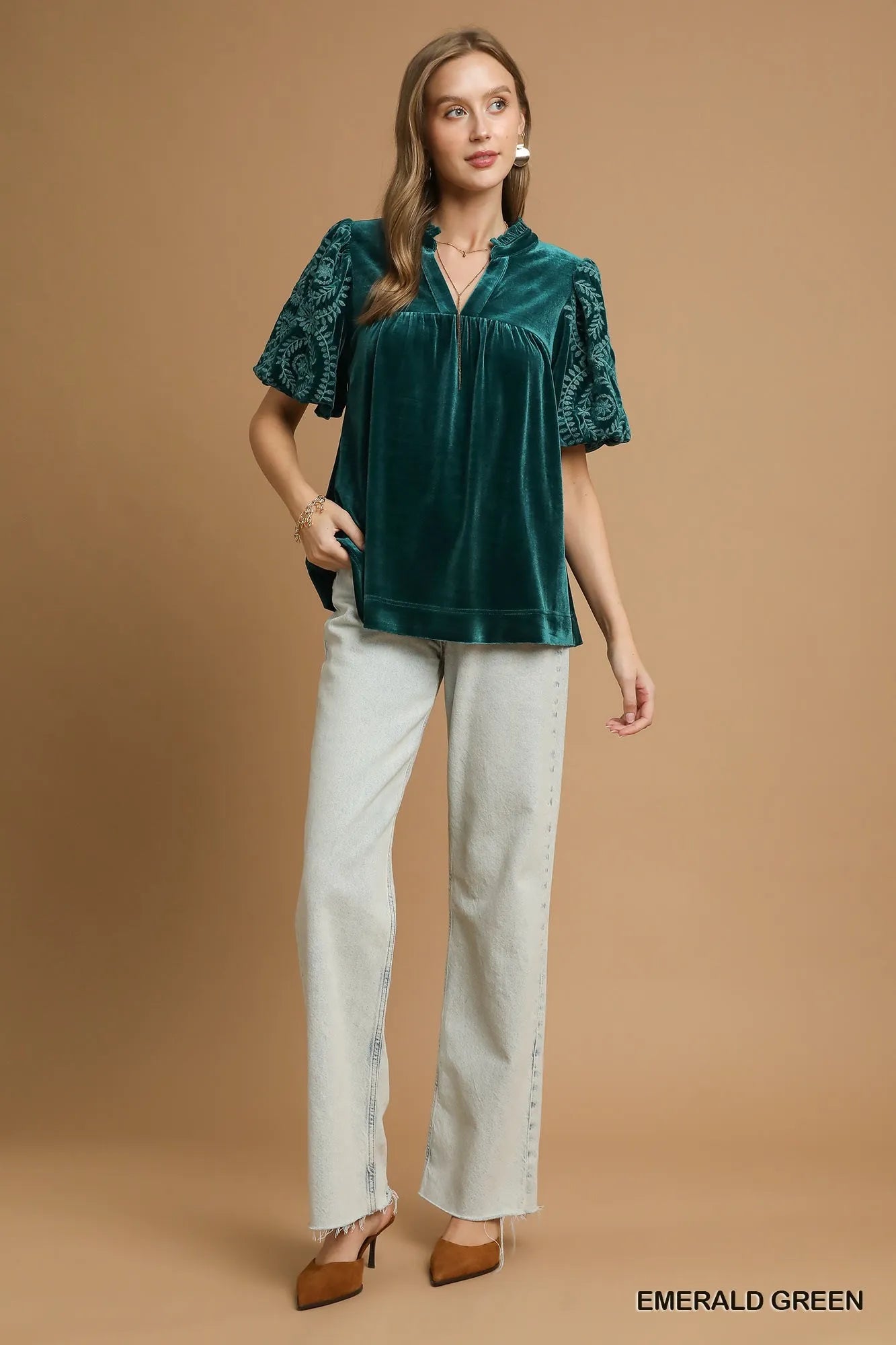 Umgee Emerald Green Velvet Embroidered Sleeve Blouse