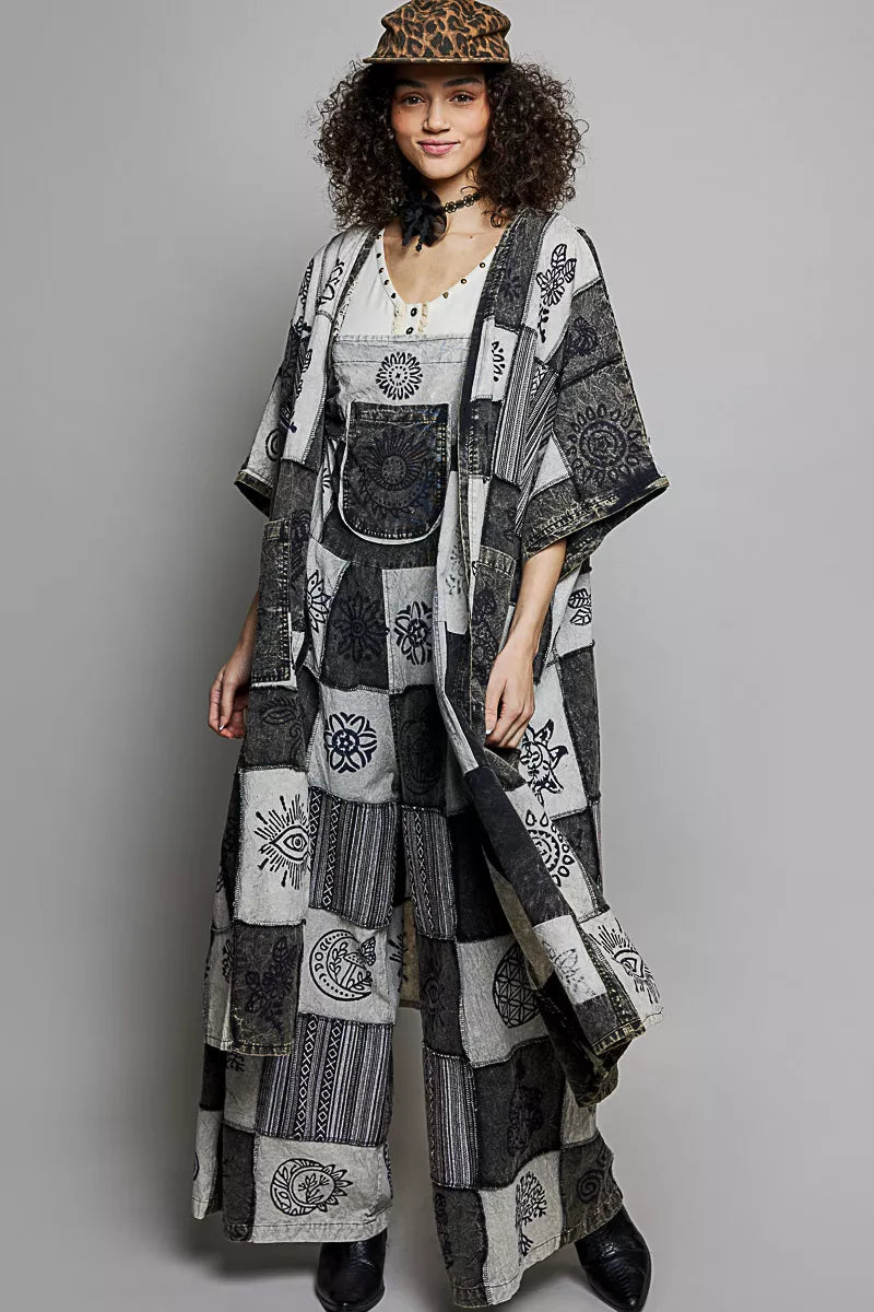 POL Black Multi Open Front Printed BohemianPatchwork Longline Cardigan