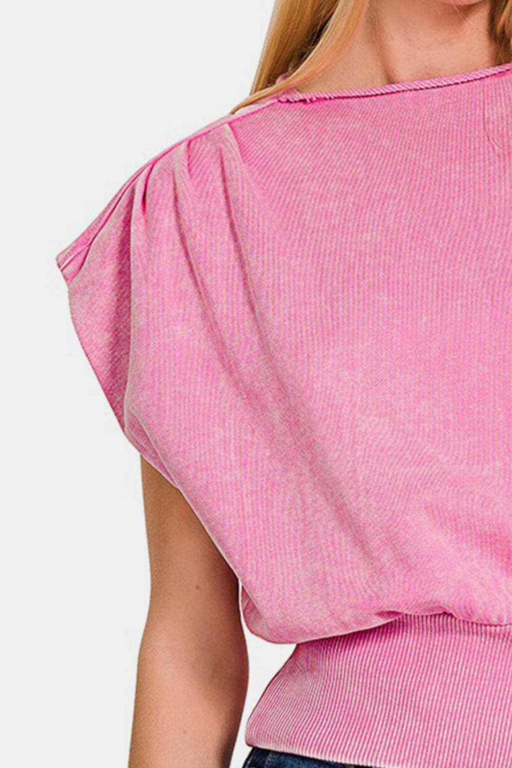 Zenana Candy Pink Washed Boat Neck Bottom Banded Dolman Sleeve Top Trendsi