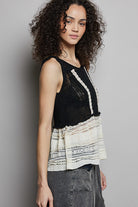 POL Black V-Neck Crochet Sweater Vest with Lace Trim