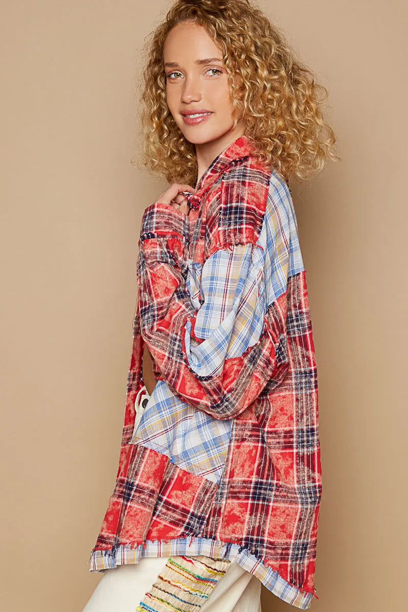POL Ted Multi Plaid Patchwork Long Sleeve Button Down Shirt with Raw Edge Detail