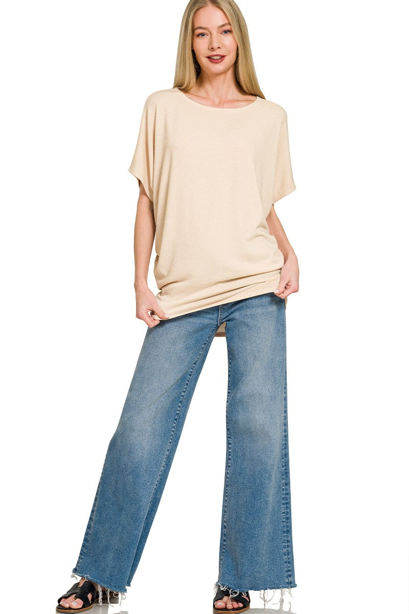 Zenana Sand Beige Hacci Dolman Sleeve Boat Neck Top