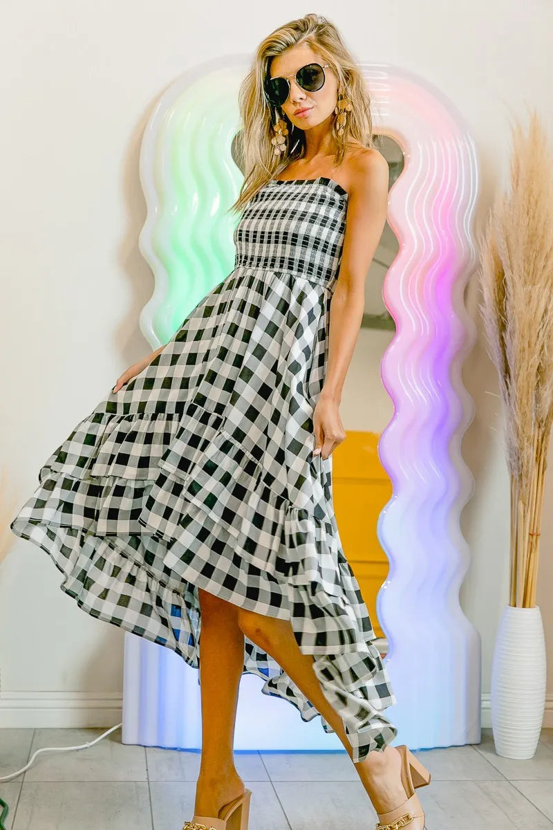 BiBi Black & Ivory Smocked Body Off Shoulder Check Dress